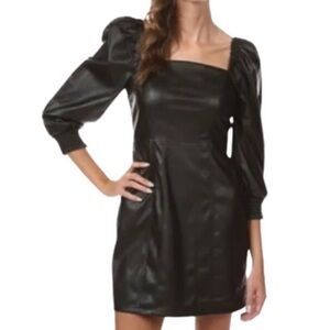Avec Les Filles Vegan Leather Black Party Moto Puff Sleeve Mini Dress Size S